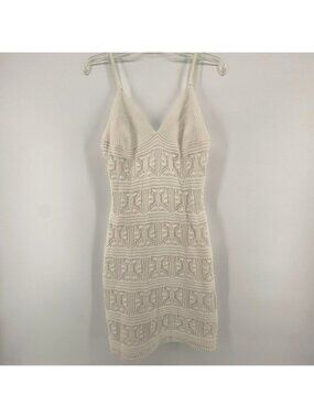 Olive + Oak Cream Knit Crocheted V Neck Bodycon Mini Dress Large Boho Festival‎